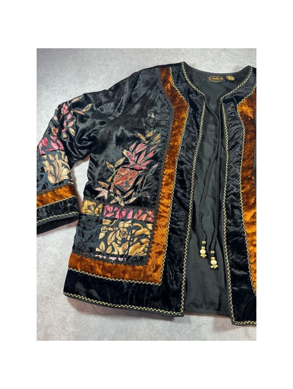 Allure Velvet Floral Patchwork Burnout Jacket Black Copper Boho Art to Wear 1X - Picture 3 of 5